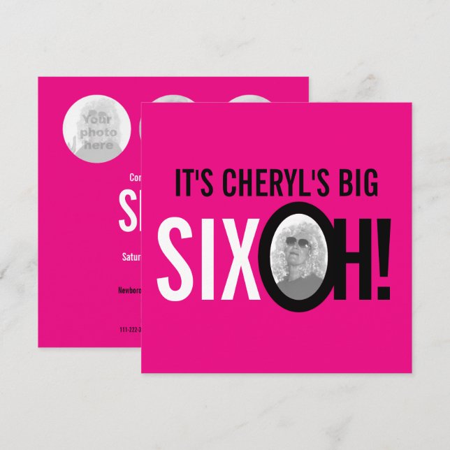 60th birthday SIX OH! photo pink retro Invitation (Front/Back)