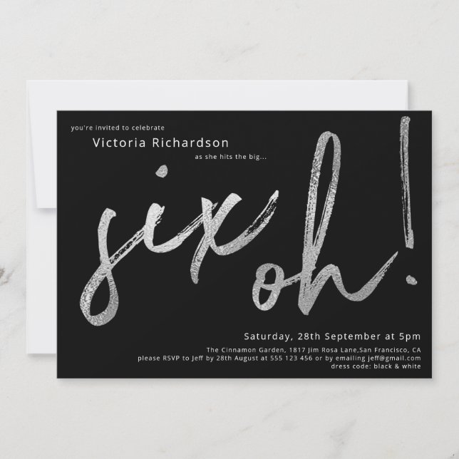 60th Birthday Six Oh Silver Foil Typography Black Invitation (Front)