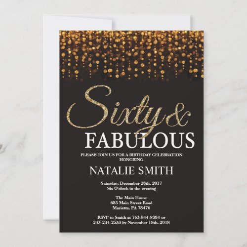 60th Birthday Sixty and Fabulous Gold Glitter Invitation