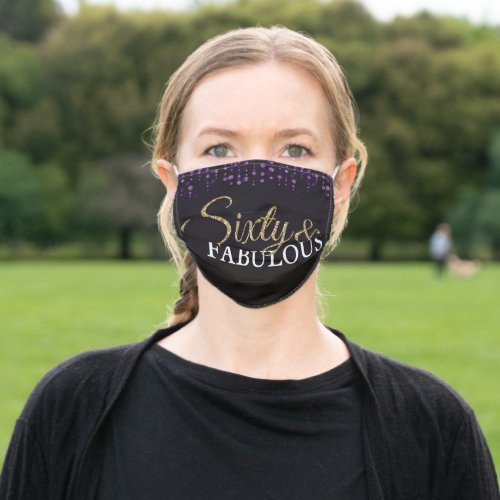 60th Birthday Sixty and Fabulous Purple and Gold Adult Cloth Face Mask