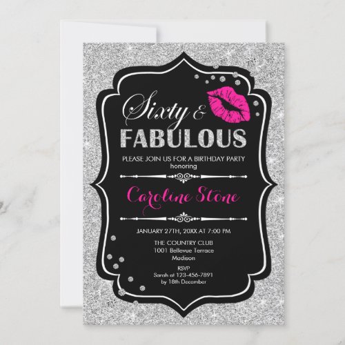 60th Birthday _ Sixty Fabulous Black Pink Silver Invitation