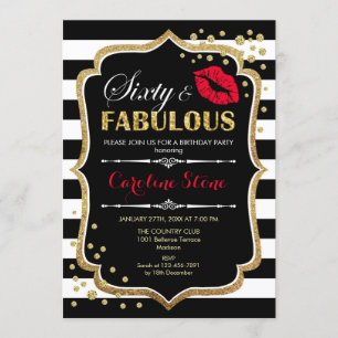 60th Birthday - Sixty Fabulous Black Red Gold Invitation