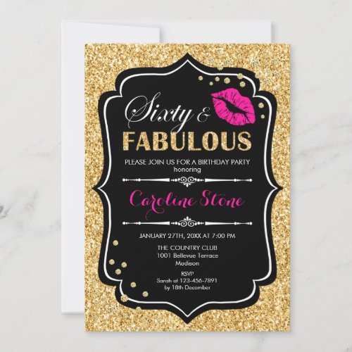 60th Birthday _ Sixty Fabulous Gold Black Pink Invitation