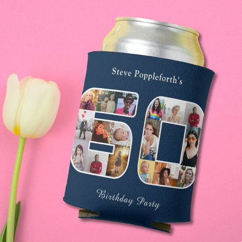 60th Birthday Sixty Photo Collage Dark Blue Can Cooler