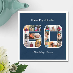 60th Birthday Sixty Photo Collage Dark Blue Napkins