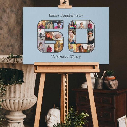 60th Birthday Sixty Photo Collage Light Blue Faux Canvas Print