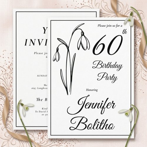 60th Birthday Snowdrop Floral Black And White Invitation