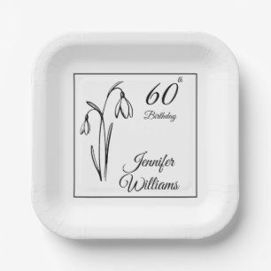 60th Birthday Snowdrop Floral Black And White Paper Plates