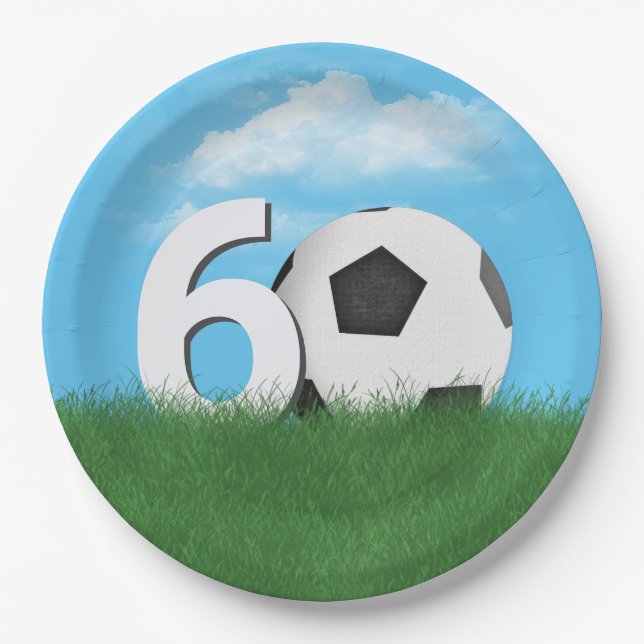 60th Birthday Soccer Ball In Green Grass Paper Plates (Front)