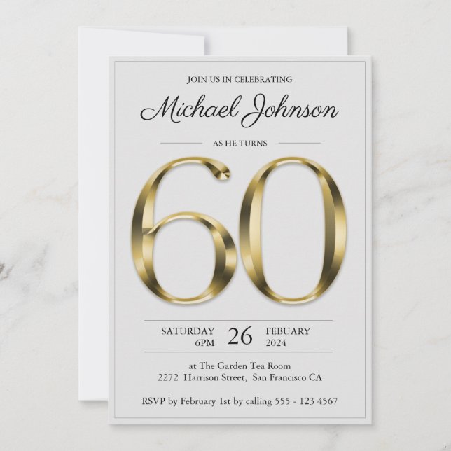 60th Birthday Solid Gold Light Gray Elegant Classy Invitation (Front)