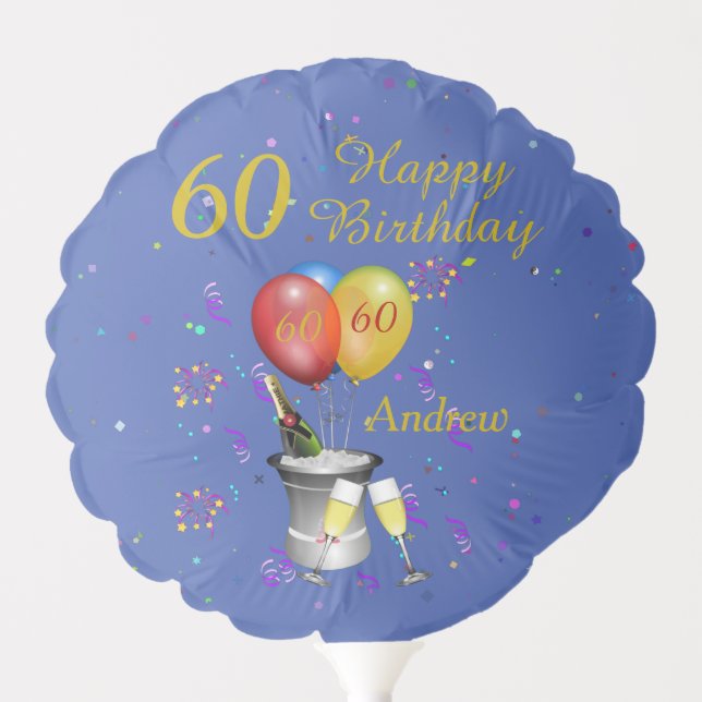 60th Birthday Sparkling Wine Celebration Blue Balloon (Front)