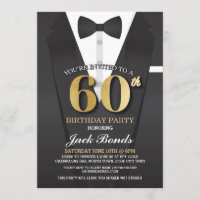 60th Birthday Spy Suit Black tie Gold Invitation