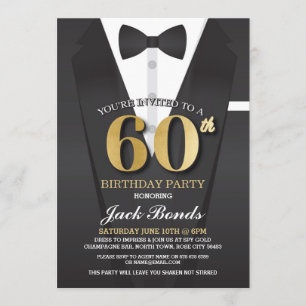 60th Birthday Spy Suit Black tie Gold Invitation