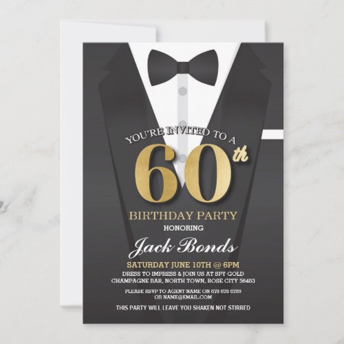 60th Birthday Spy Suit Black tie Gold Invitation