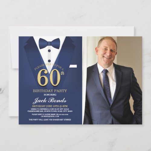 60th Birthday Spy Suit Black Tie Gold Navy Invitation