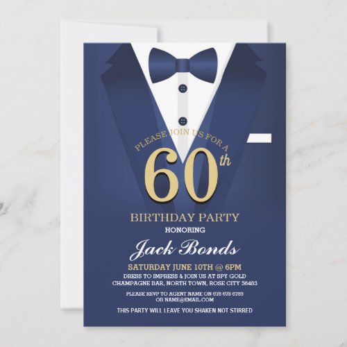 60th Birthday Spy Suit Black Tie Gold Navy Invitation