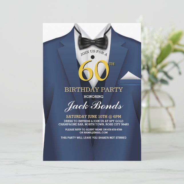 60th Birthday Spy Suit Navy tie Gold Invitation | Zazzle