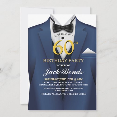 60th Birthday Spy Suit Navy tie Gold Invitation