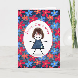 60th Birthday Stick Girl and Daisies On Denim Card