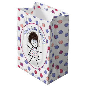 60th Birthday Stick Girl on Polka Dots Medium Gift Bag