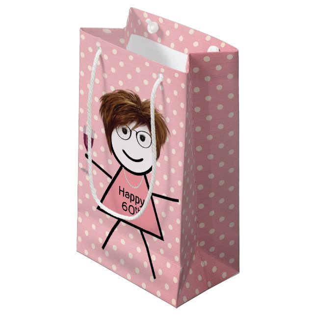 60th Birthday Stick Girl On Polka Dots Small Gift Bag (Front Angled)