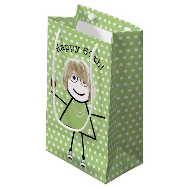 60th Birthday Stick Girl with Wine Glass Small Gift Bag (Front Angled)