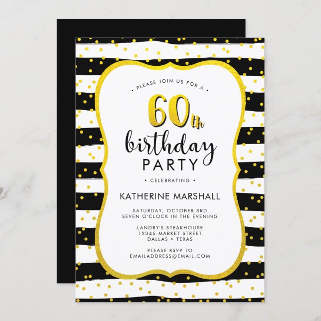 60th Birthday Striped Gold and Black Invitation (Front/Back)