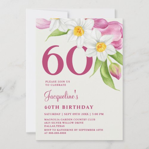 60Th Birthday Stylish Elegant Modern Floral Pink Invitation