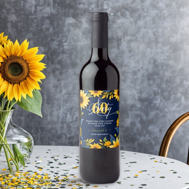 60th Birthday Sunflower Rustic Wine Label (Creator Uploaded)