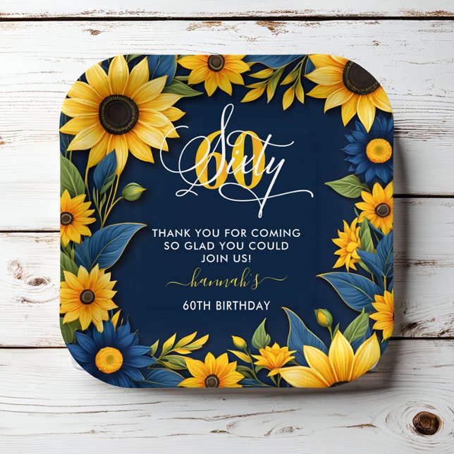 60th Birthday Sunflower Thank You Paper Plates (Creator Uploaded)