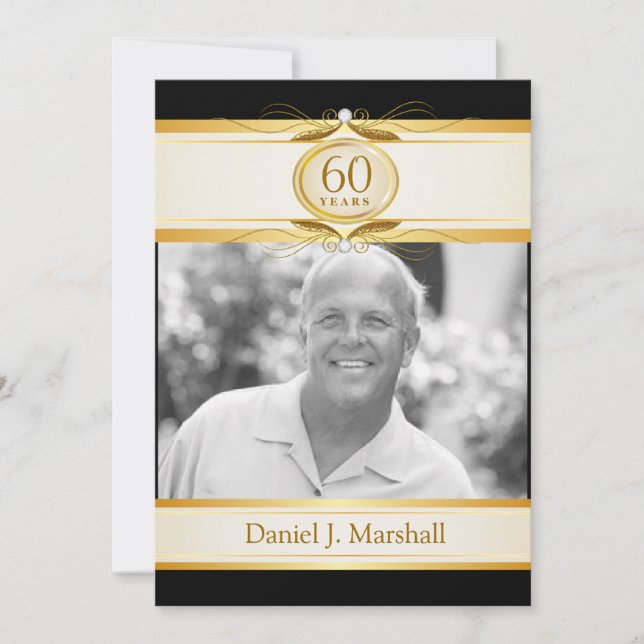 60th Birthday Surpise Party - Black Gold Monogram Invitation (Front)