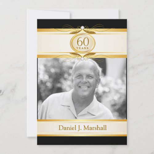 60th Birthday Surpise Party _ Black Gold Monogram Invitation