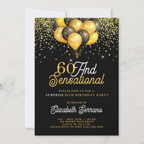 60th Birthday Surprise Party Gold Black Glitter In Invitation