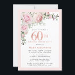 60th Birthday Surprise Party Pink Rose Floral Invitation<br><div class="desc">Honor a special woman with this elegant and feminine 60th Birthday party invitation. 60th is written in large pink text. Birthday Surprise Party follows. The honored guest's name is also in pink capital letters. Blush pink roses and sage green leaves create a beautiful floral spray at the top. While it...</div>