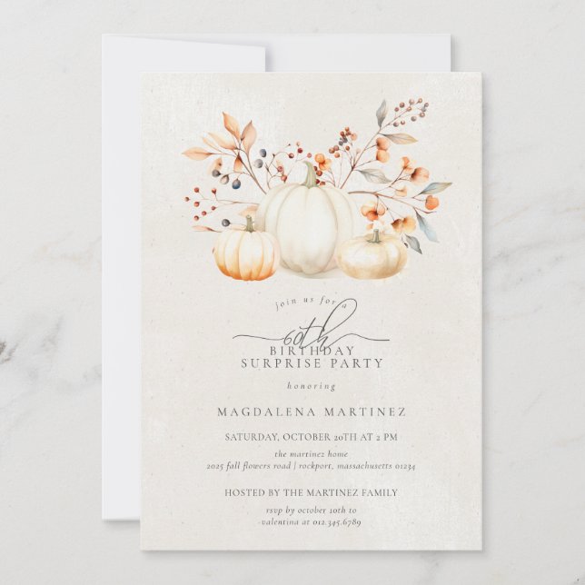 60th Birthday Surprise Party White Pumpkin Fall Invitation (Front)