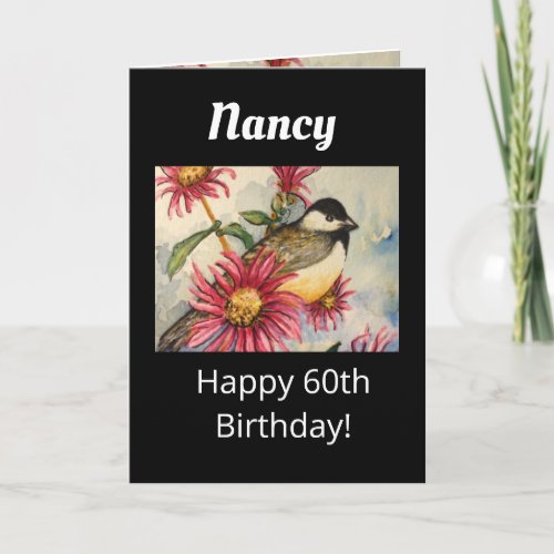 60th Birthday Sweet Chickadee Flower Watercolor Card