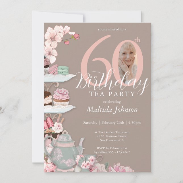60th Birthday Tea Party Floral Pink Custom Photo  Invitation (Front)