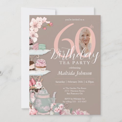 60th Birthday Tea Party Floral Pink Custom Photo  Invitation
