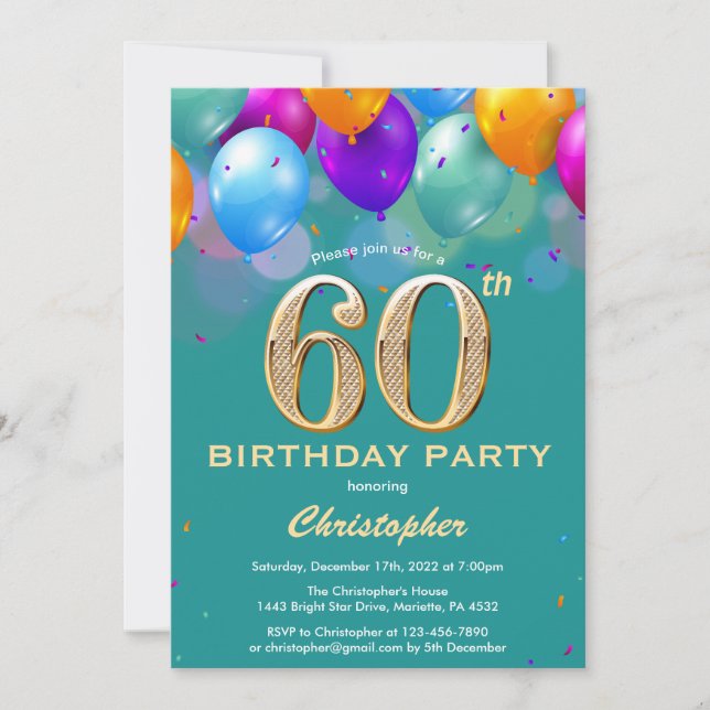 60th Birthday Teal and Gold Colorful Balloons Invitation (Front)