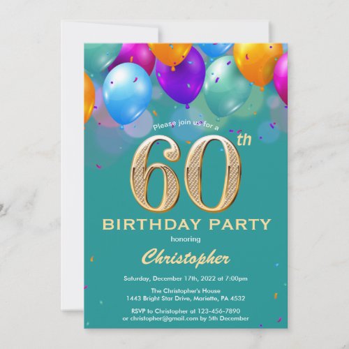 60th Birthday Teal and Gold Colorful Balloons Invitation