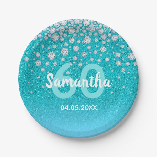 60th birthday teal blue green glitter name paper plates