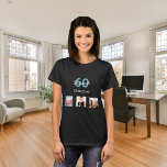 60th birthday teal custom photo woman T-Shirt<br><div class="desc">For a 60th birthday as a gift or for the party. A collage of 3 of your photos of herself friends,  family,  interest or pets.  Personalize and add her name,  age 60 and a date.  Date of birth or the date of the birthday party.  Teal and purple colored letters.</div>