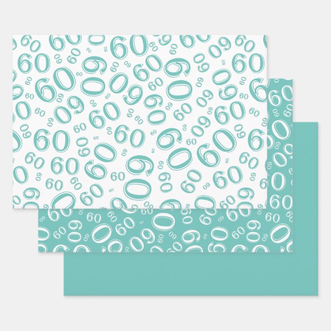 60th Birthday Teal & White Number Pattern 60 Wrapping Paper Sheets (Set)