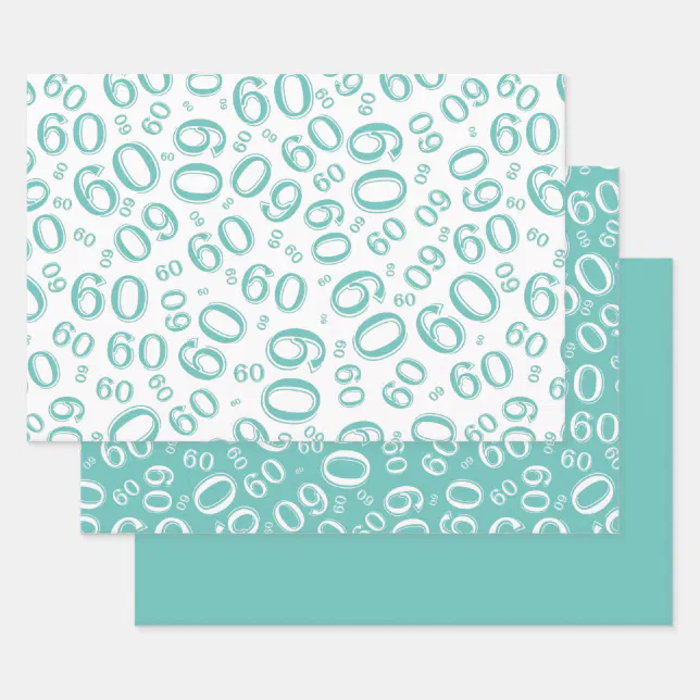 60 Backing Paper 60th Birthday Teal & White Number Pattern 60 Wrapping Paper Sheets | Zazzle