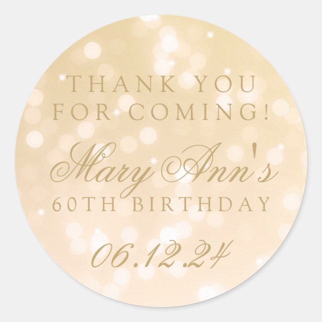 60th Birthday Thank You Gold Bokeh Sparkle Lights Classic Round Sticker (Front)