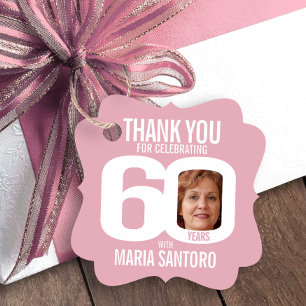 60th birthday thank you photo pale pink white favor tags
