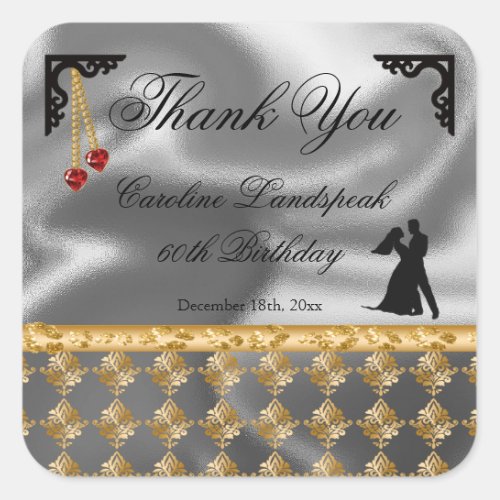 60th Birthday Thank You Silver Foil Gold Damask Square Sticker