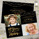 60th Birthday Then & Now Photos String Lights Invitation<br><div class="desc">Invite your guests with this 60th birthday party invitation in black and gold with string lights featuring a retro typography design stating 60 YEARS IN THE MAKING which integrates their birth year within the design. Include THEN and NOW photos for a fun invitation. Party invitation details are on the back...</div>