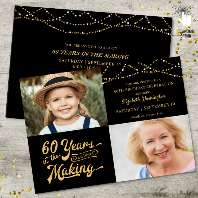 60th Birthday Then & Now Photos String Lights Invitation | Zazzle