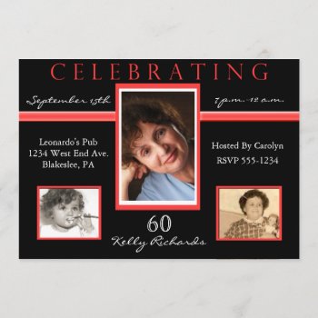 60th Birthday Tri Photo Invitations Black & Red by NightSweatsDiva at Zazzle